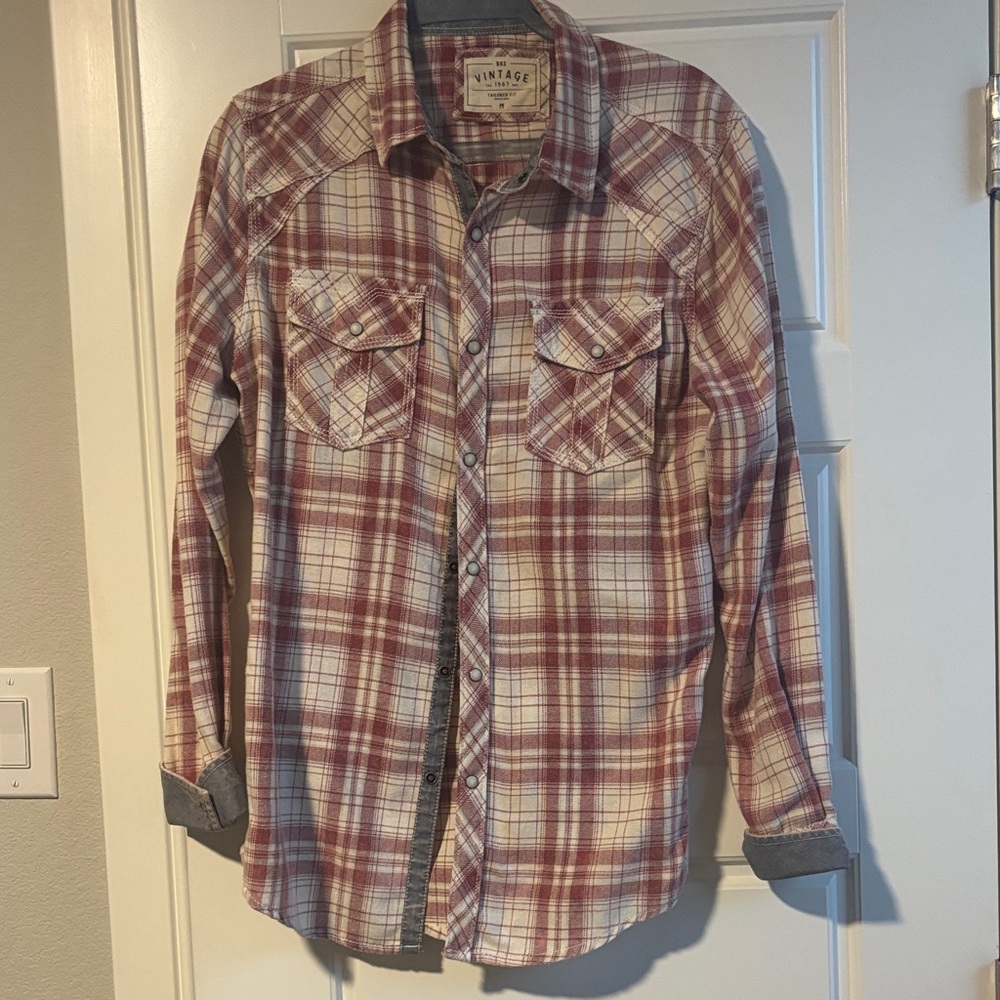 BKE Burgundy and Cream Plaid Button-Down Shirt